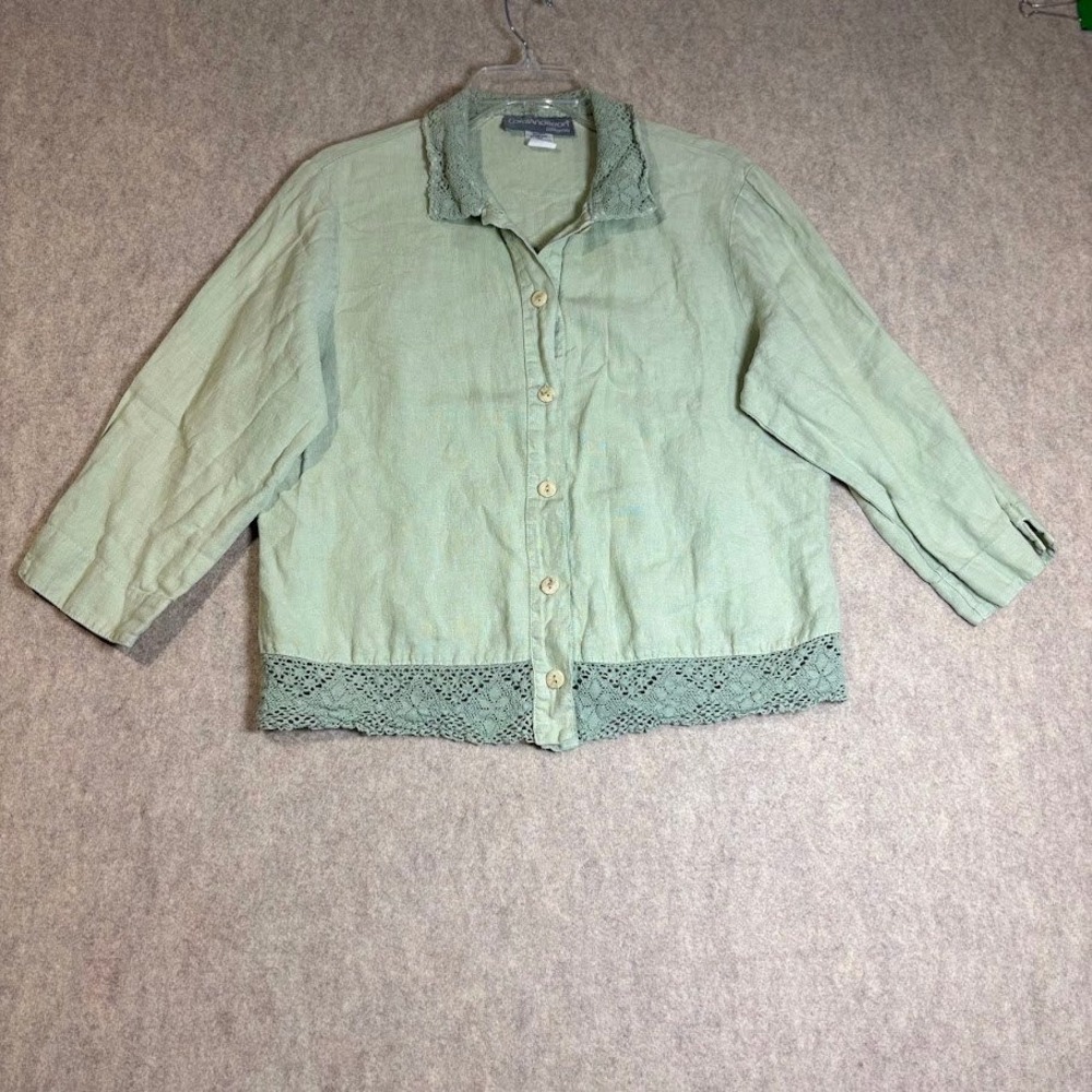 Carol Anderson Shirt Womens L Green Linen Crochet Lace Trim Boho Coastal Classic